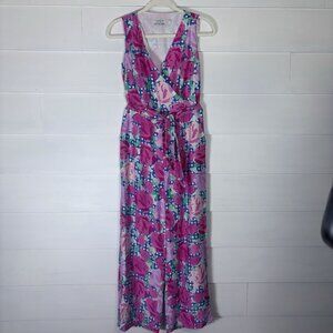 Vineyard Vines 145th‎ Kentucky Derby Jumpsuit SZ 6 Roses Floral Pink Blue Belted